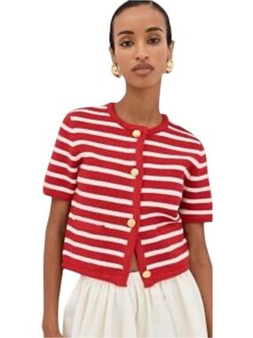 English Factory Red and White Striped Short Sleeve Knit Cardigan